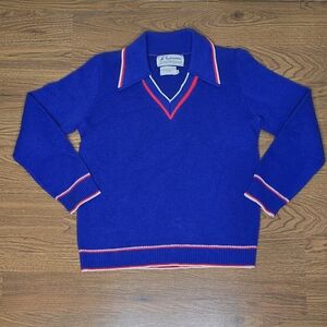 Vintage Polaris Blue Acrylic Knit Tennis Sweater Collared V-Neck Retro Preppy